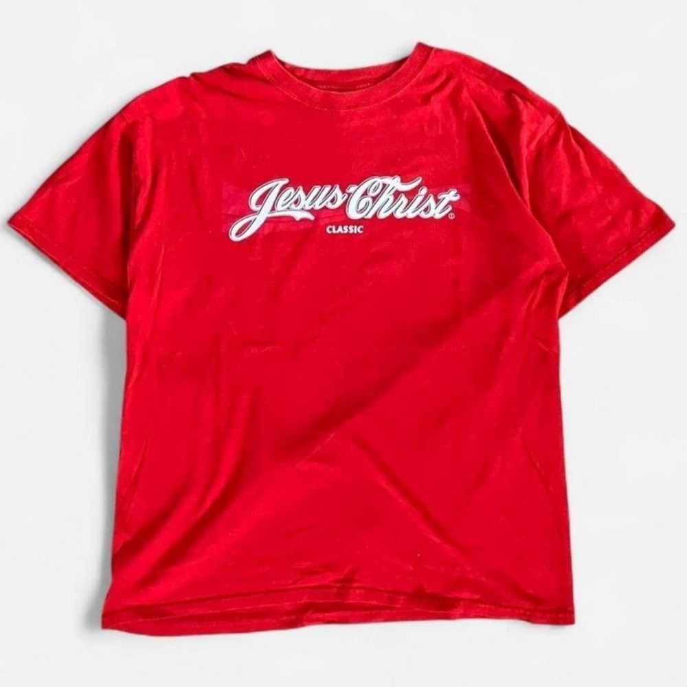 Gildan Jesus Christ Classic‎ Coca Cola Parody Red Graphic T-Shirt Mens Large L